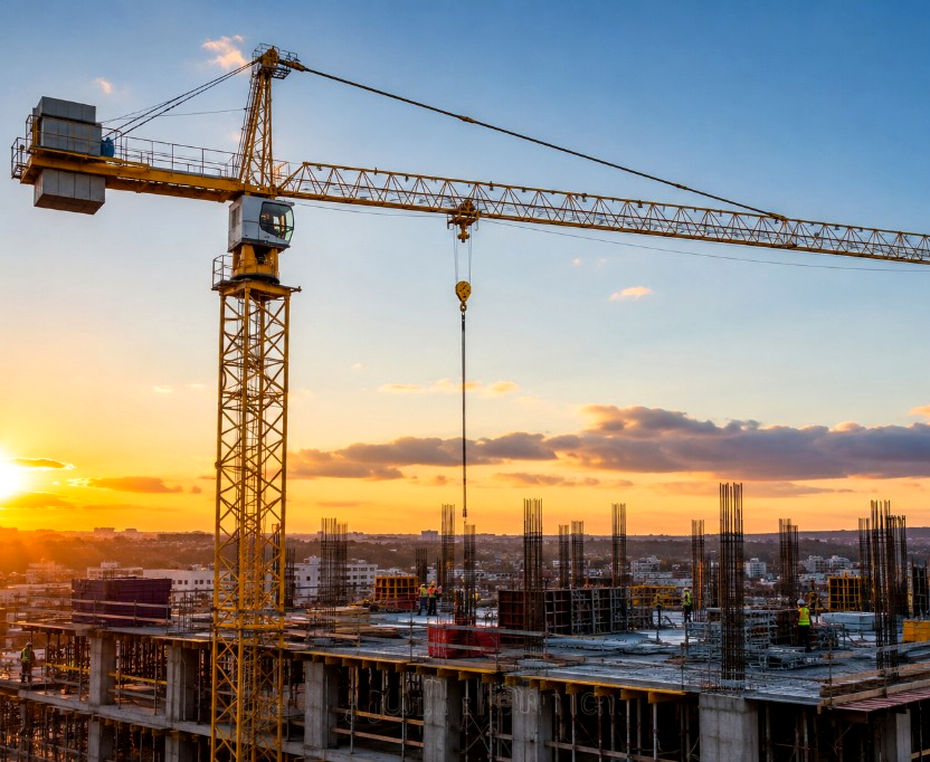Active construction site with tower crane at golden hour