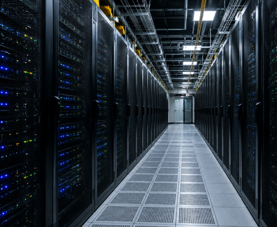 Data center aisle lined with server racks
