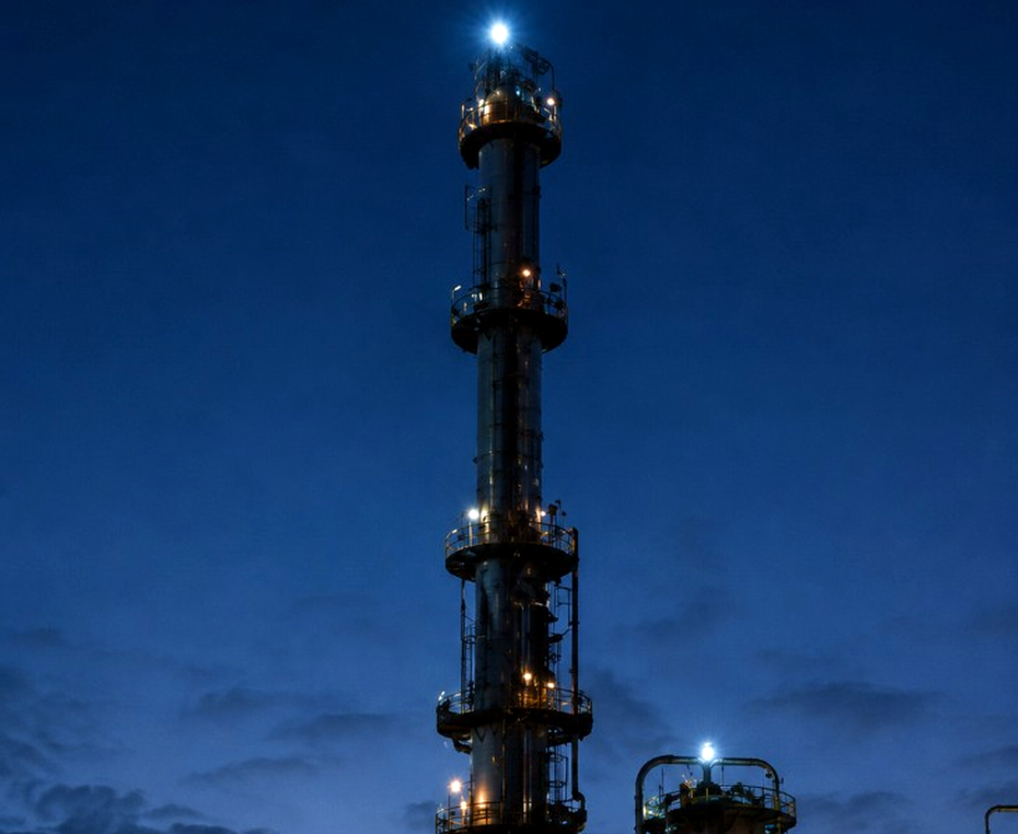 Industrial refinery tower illuminated at twilight